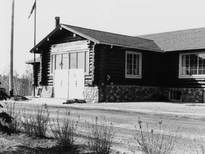 Exterior view of Old Timers' Cabin in 1968, housed in the City of Edmonton Archives.
