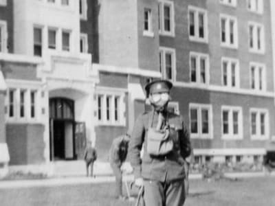 Soldier in front of Alberta College South Veteran's Hospital, circa 1917.
