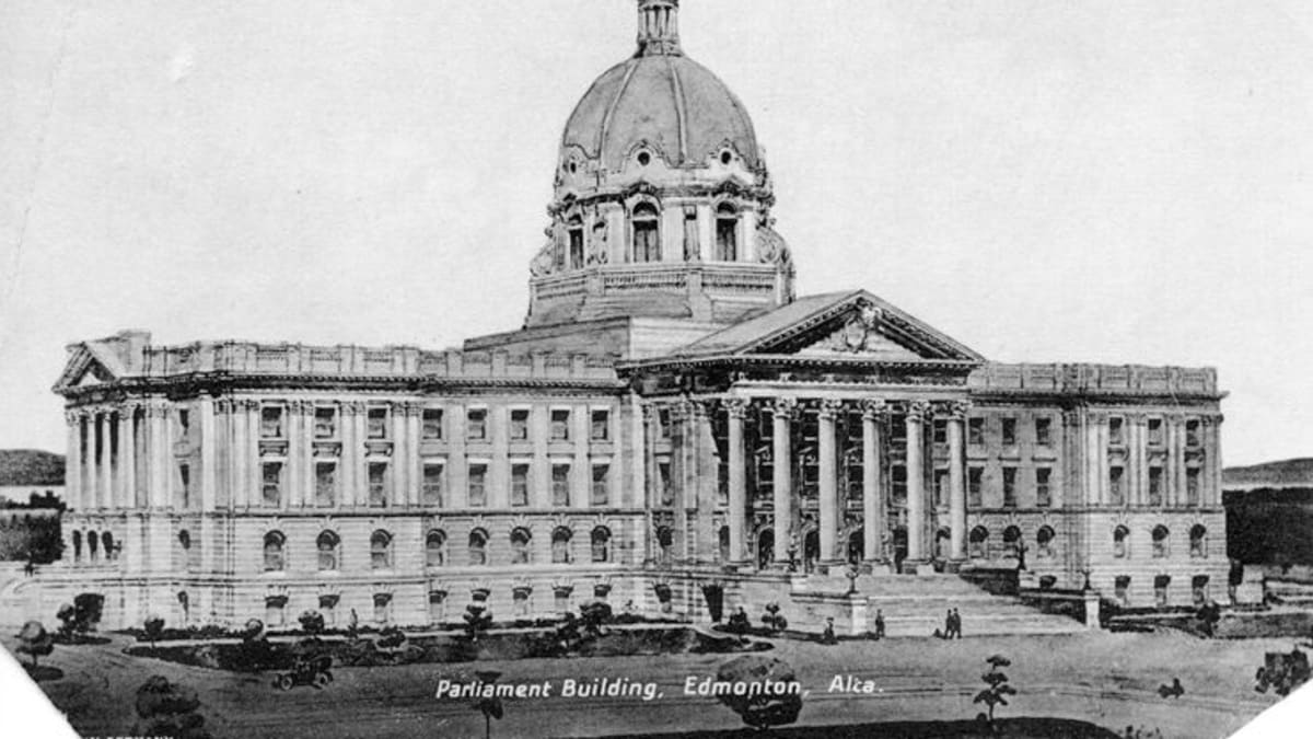 Exterior view of the Alberta Legislature, 1913. Side elevation photograph from the City of Edmonton Archives.