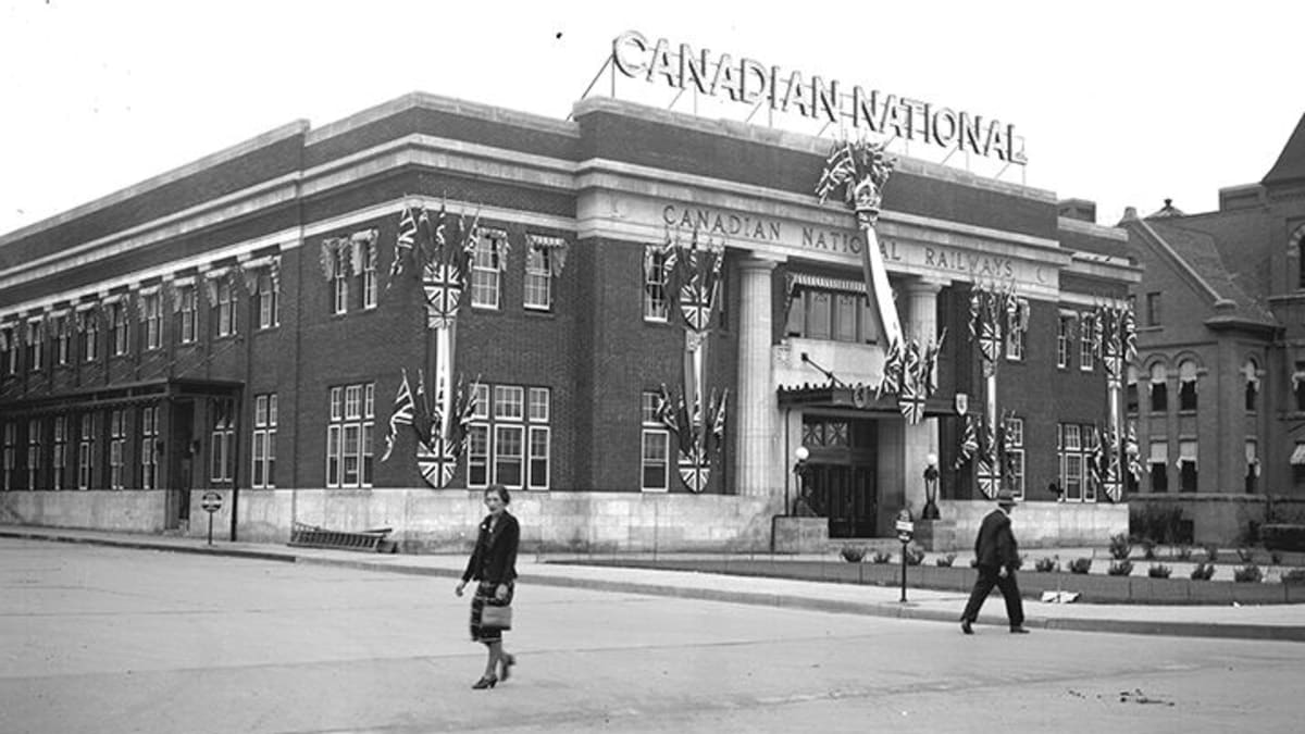 Exterior view of C.N. Station during the Royal Visit in 1939