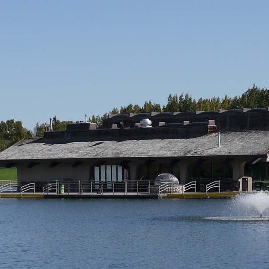 Mayfair Park Pavilions, 2013, side elevation with pond