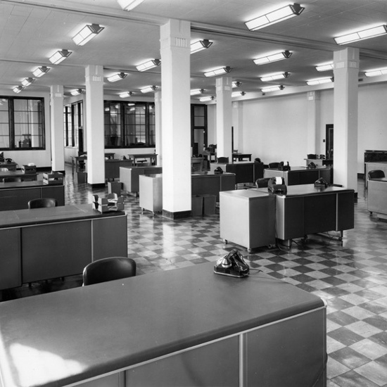 Churchill Wire Centre: City Telephones Business Office, 1949, interior view