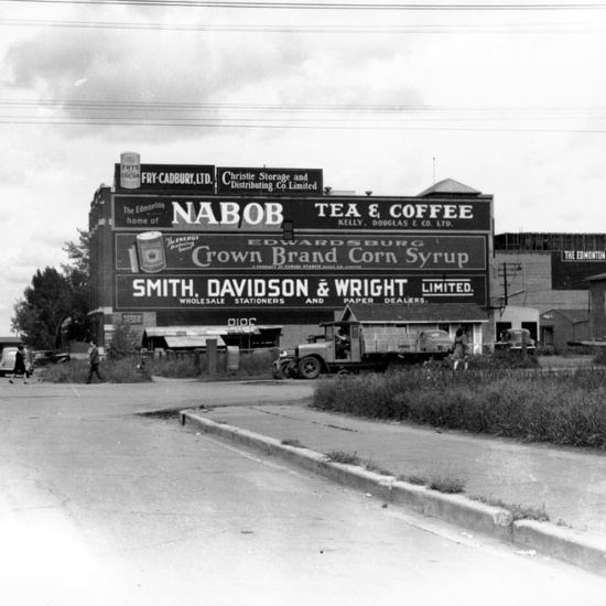 H.V. Shaw Building, 1940, side elevation shows painted signs